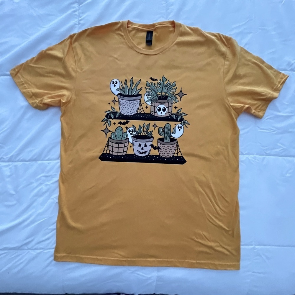 Gildan Mustard Tee with Plant and Ghost Design. Size L